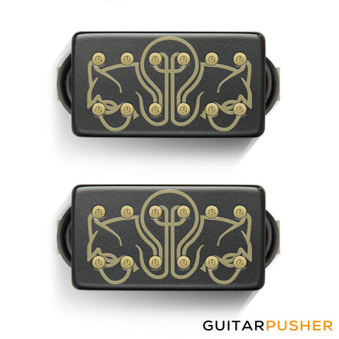 Bareknuckle Juggernaut Calibrated Humbucker Pickup Set, Covered Black, Gold Bolts, Juggernaut Bulb Etch