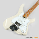 Aguda Musicboy Pro Headless Electric Guitar Alder Body Roasted Maple Fretboard - Olympic White w/ Pearloid Pickguard