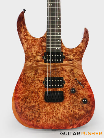 Aquarius Guitars Model B (Prototype) HH Alder Body Spalted Maple Burl Top, Ebony Fretboard Electric Guitar - Chaos Ember