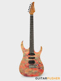Aquarius Guitars Model F (Prototype) HSS Alder Body Flamed Maple Top, Ebony Fretboard Electric Guitar - Pink Tie Dye