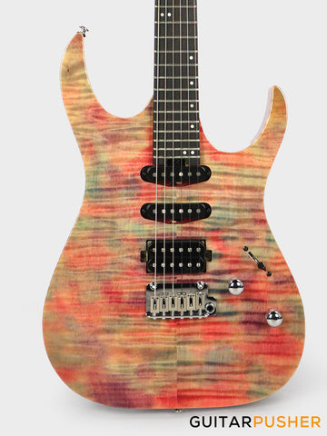 Aquarius Guitars Model F (Prototype) HSS Alder Body Flamed Maple Top, Ebony Fretboard Electric Guitar - Pink Tie Dye