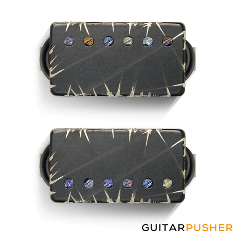 Bareknuckle Nailbomb Calibrated Humbucker Pickup Set 53mm F-Spaced, Black Battleworn Covers w/ Burnt Chrome Screw Pole Pieces, Long Leg, Alnico V