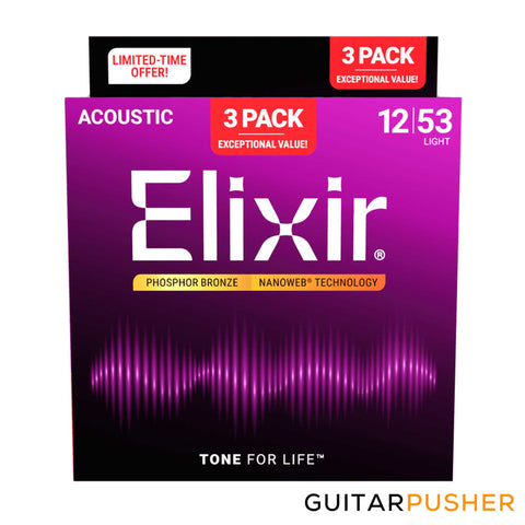 Elixir Acoustic Phosphor Bronze Acoustic Guitar Strings with Nanoweb Coating - Light (12 16 24 32 42 53) 3-Pack