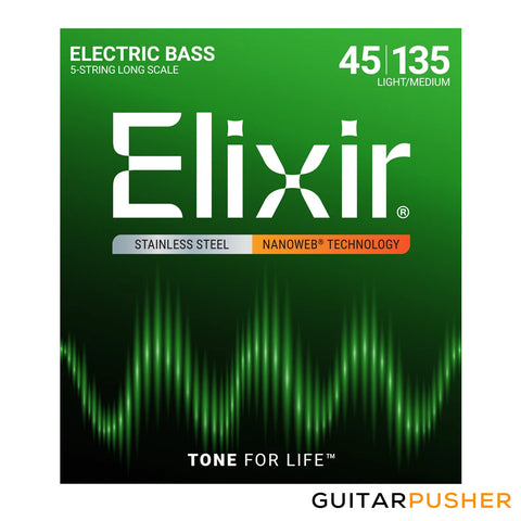 Elixir Electric Bass Stainless Steel Bass Guitar Strings with Nanoweb Coating - 5-String Light/Medium, Long Scale (45 65 85 105 135)