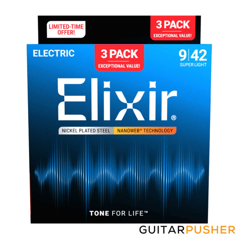 Elixir Electric Nickel Plated Steel Electric Guitar Strings with Nanoweb Coating - Super Light (9 11 16 24 32 42) 3-Pack