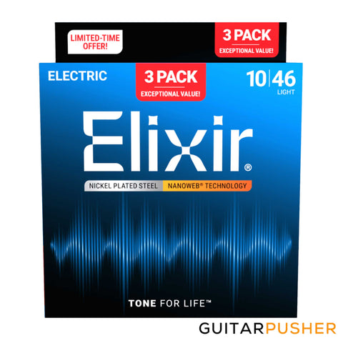 Elixir Electric Nickel Plated Steel Electric Guitar Strings with Nanoweb Coating - Light (10 13 17 26 36 46) 3-Pack