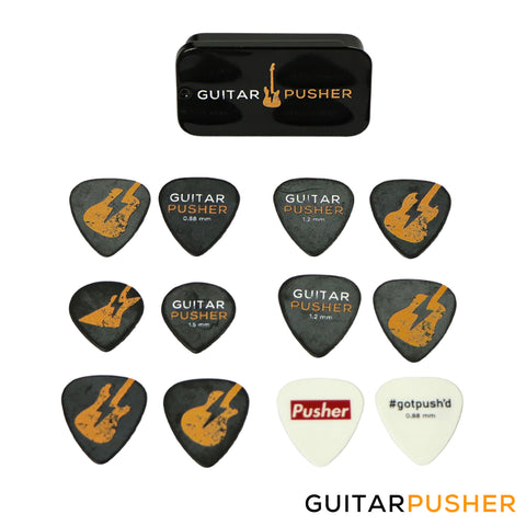 Guitar Pusher DelTex Collectible Guitar Pick Set with Tin Can - 0.71mm 0.88mm 1.0mm 1.2mm 1.5mm Delrin Tortex