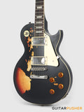 Vintage V100 Icon Singlecut Electric Guitar - Distressed Black Over Sunburst