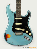 Vintage V6 Icon S-Style Electric Guitar (Distressed Gun Hill Blue over Sunburst)