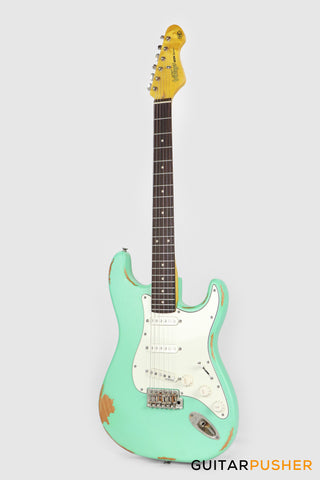 Vintage V6 Icon S Style Electric Guitar Distressed Ventura Green GuitarPusher
