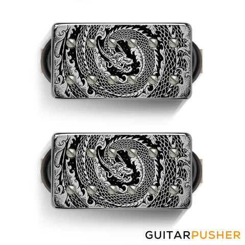 Bareknuckle Silo Calibrated Humbucker Pickup Set, Covered, Nickel, 53mm F Spaced, 1/4" leg, Dragon Etching