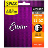 Elixir Acoustic 80/20 Bronze Acoustic Guitar Strings with Nanoweb Coating - Custom Light (11 15 22 32 42 52) 3-Pack