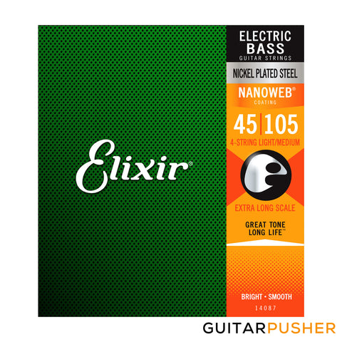 Elixir Electric Bass Nickel Plated Steel Bass Guitar Strings with Nanoweb Coating - Light/Medium, Extra Long Scale (45 65 85 105)