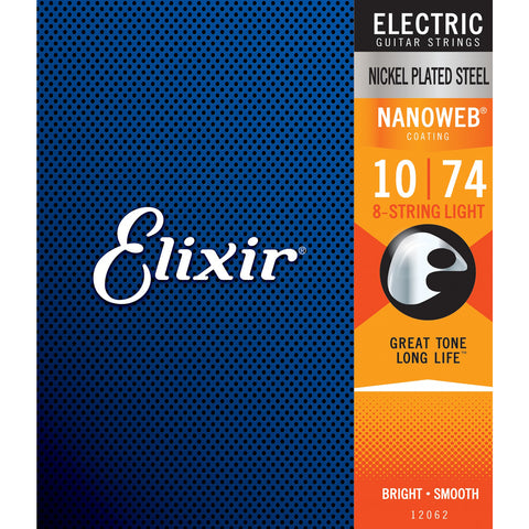 Elixir Electric Nickel Plated Steel Electric Guitar Strings with NANOWEB Coating - 8-String Light (10 13 17 30 42 54 64 74)