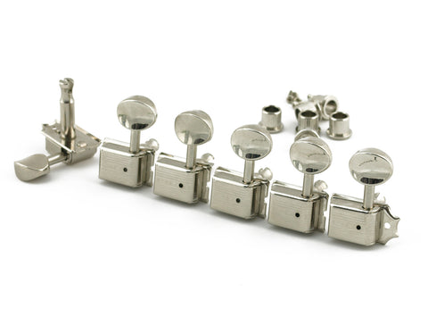 Kluson Traditional - 6 in line - Oval Metal Button Machine Head Tuner Nickel - LEFT HAND / REVERSE HEADSTOCK